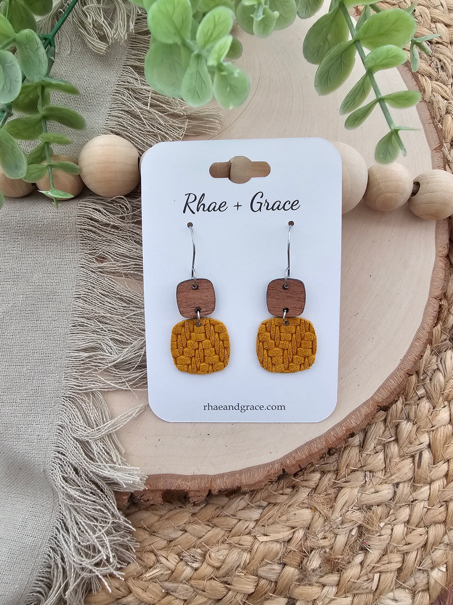 Mustard Knit Embossed Braid Rounded Square Earrings