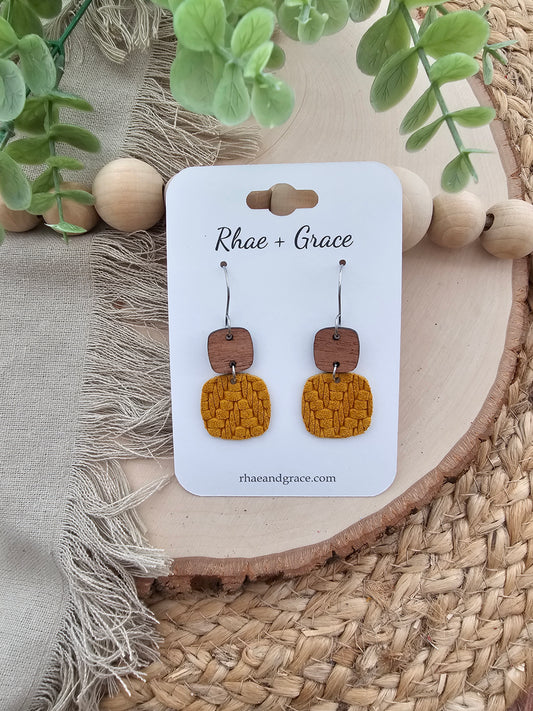 Mustard Knit Embossed Braid Rounded Square Earrings