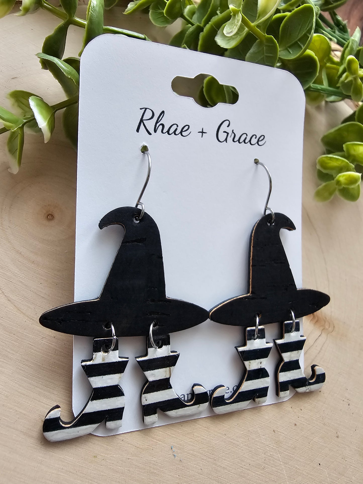 Witch Hat Black & White Striped Boots Earrings