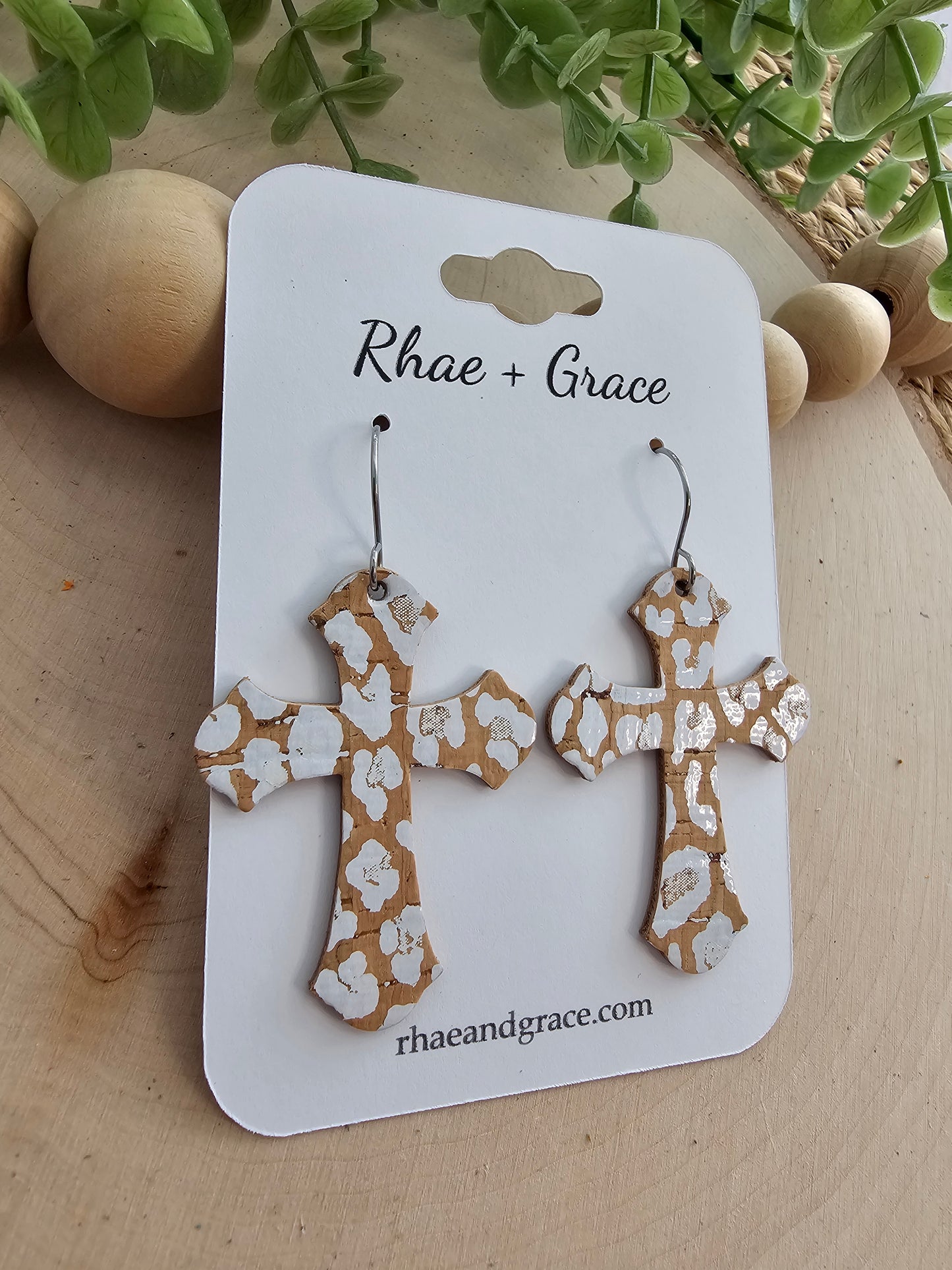 White Leopard Print Cross Earrings