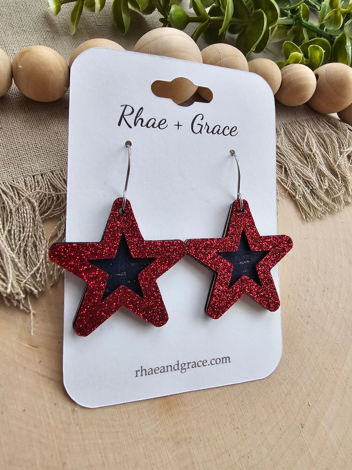 Red Glitter & Blue Layered Star Earrings