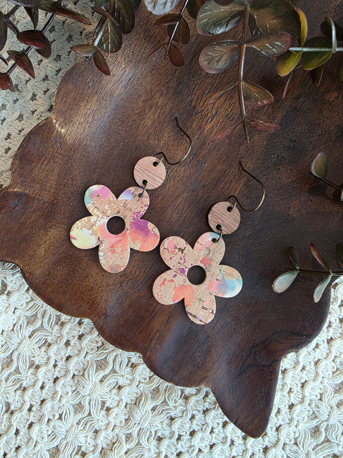Paint Splatter Natural Cork Flower Earrings