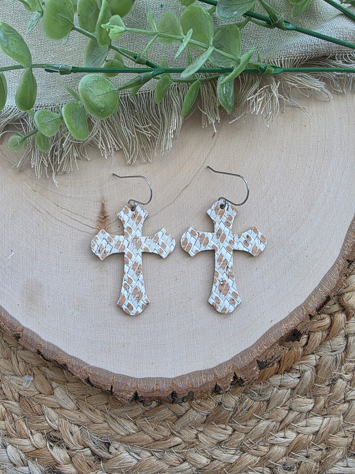 Whitewashed Basketweave Cross Earrings