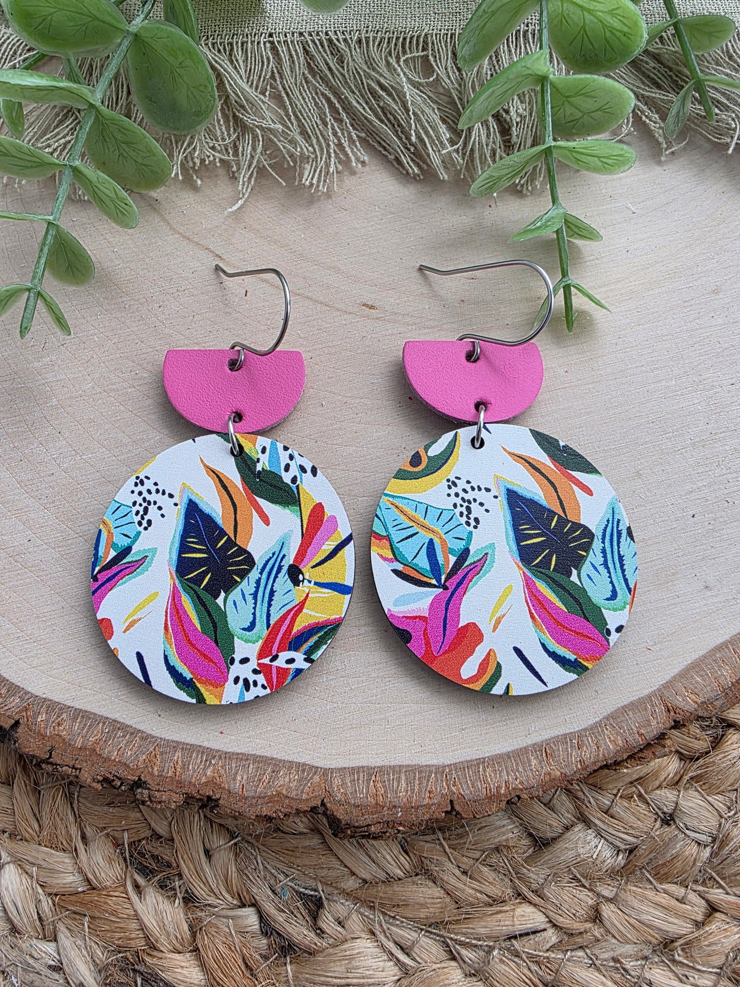 Colorful Tropical Floral Circle Earrings - Pink Top