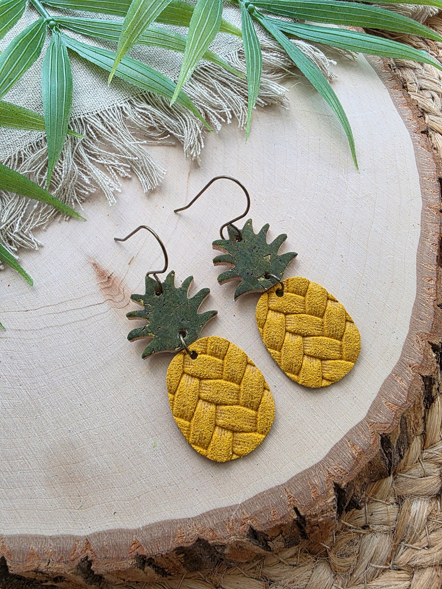 Yellow Embossed Leather Pineapple Earrings