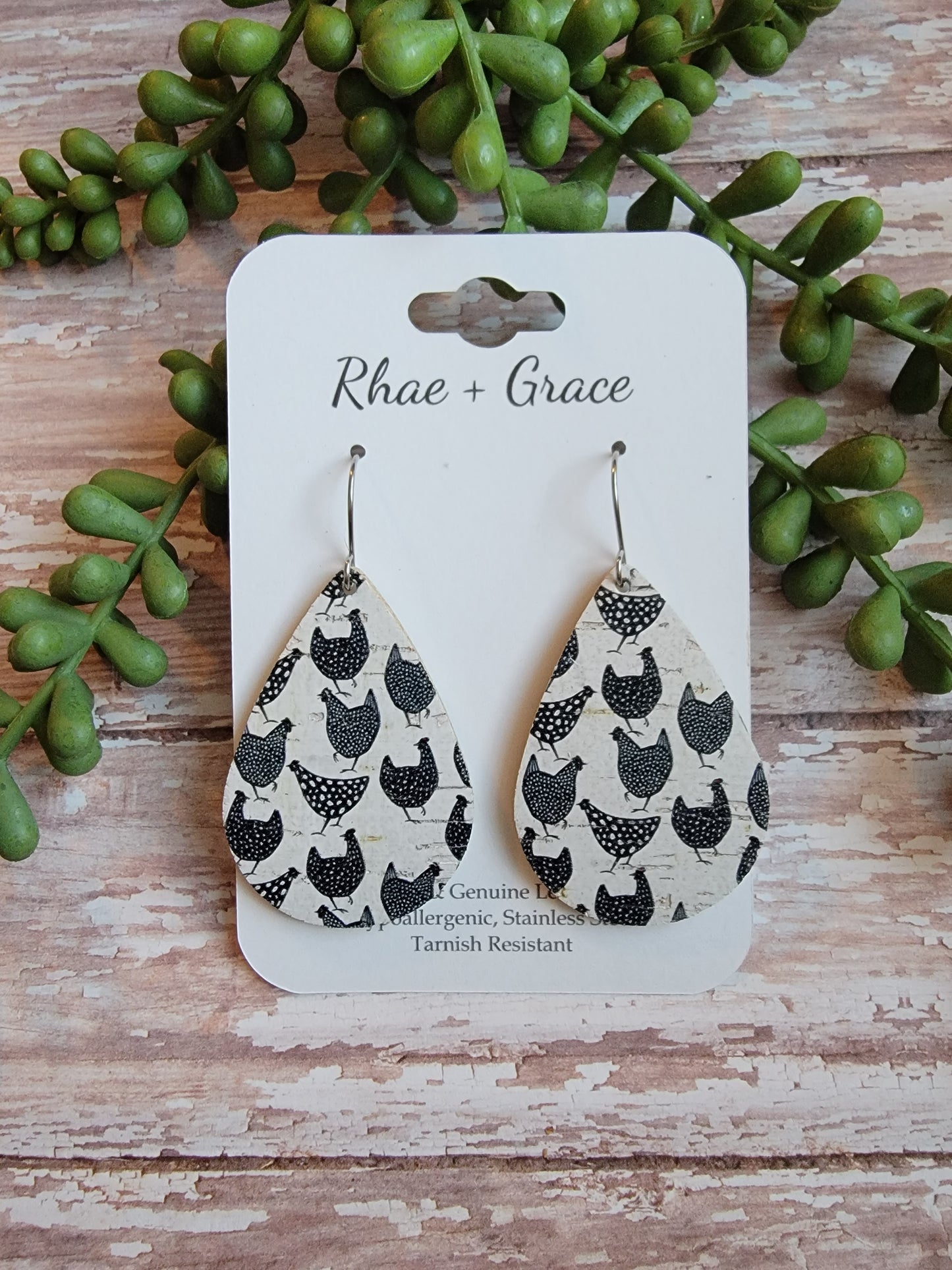 Black & White Chicken Teardrop Earrings - Medium