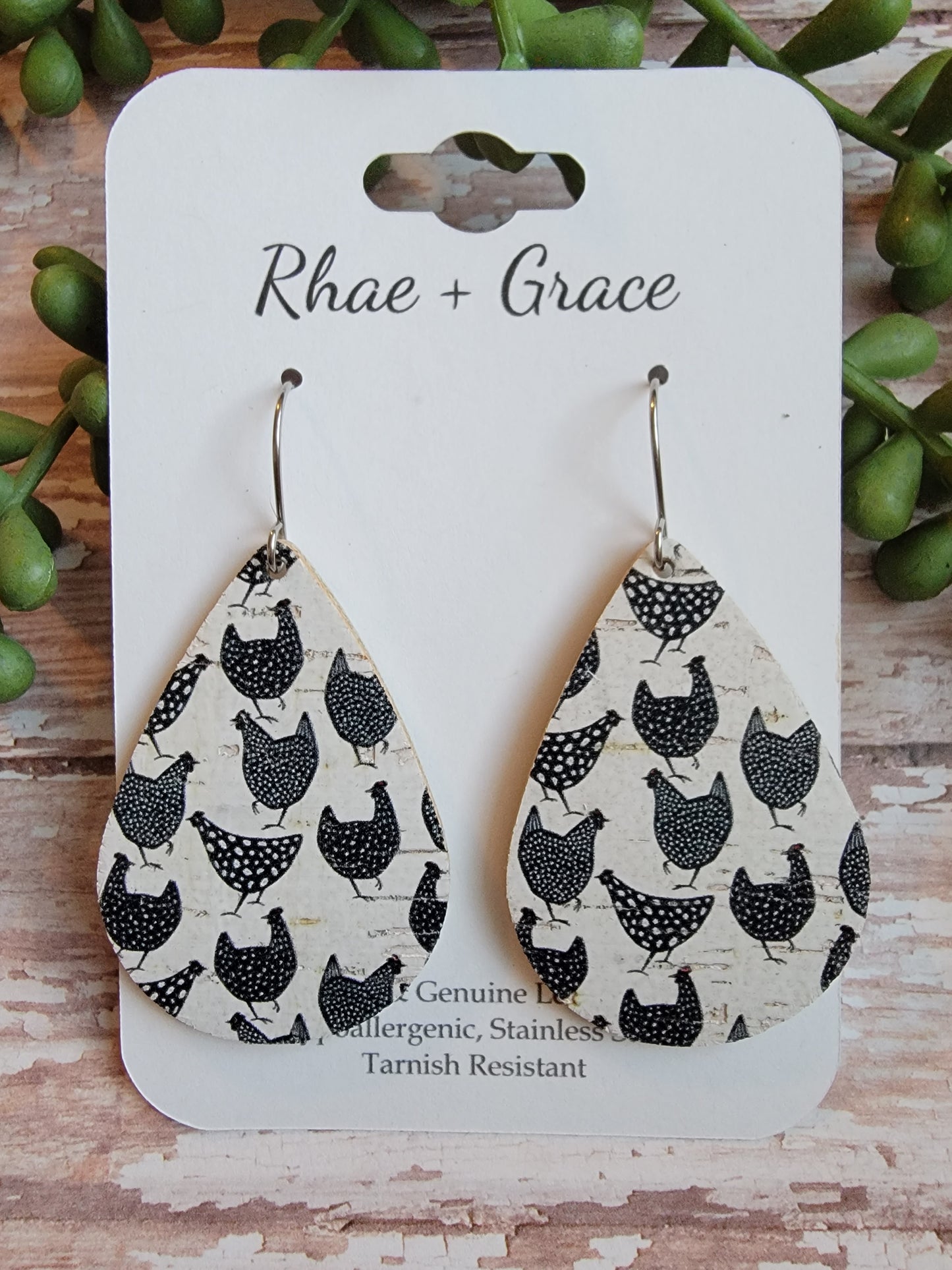 Black & White Chicken Teardrop Earrings - Medium