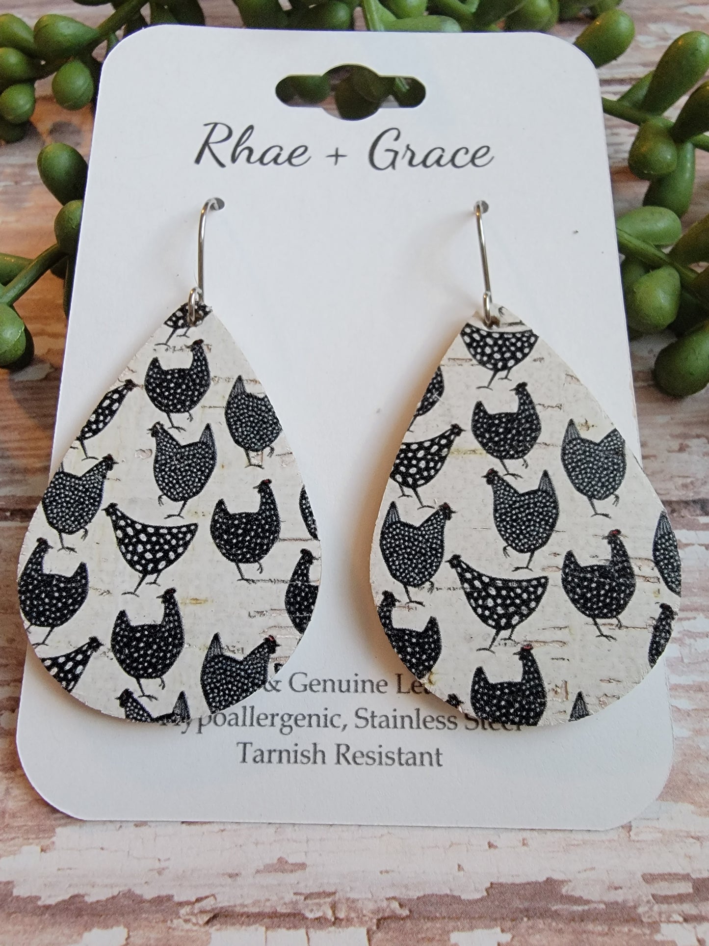 Black & White Chicken Teardrop Earrings - Medium