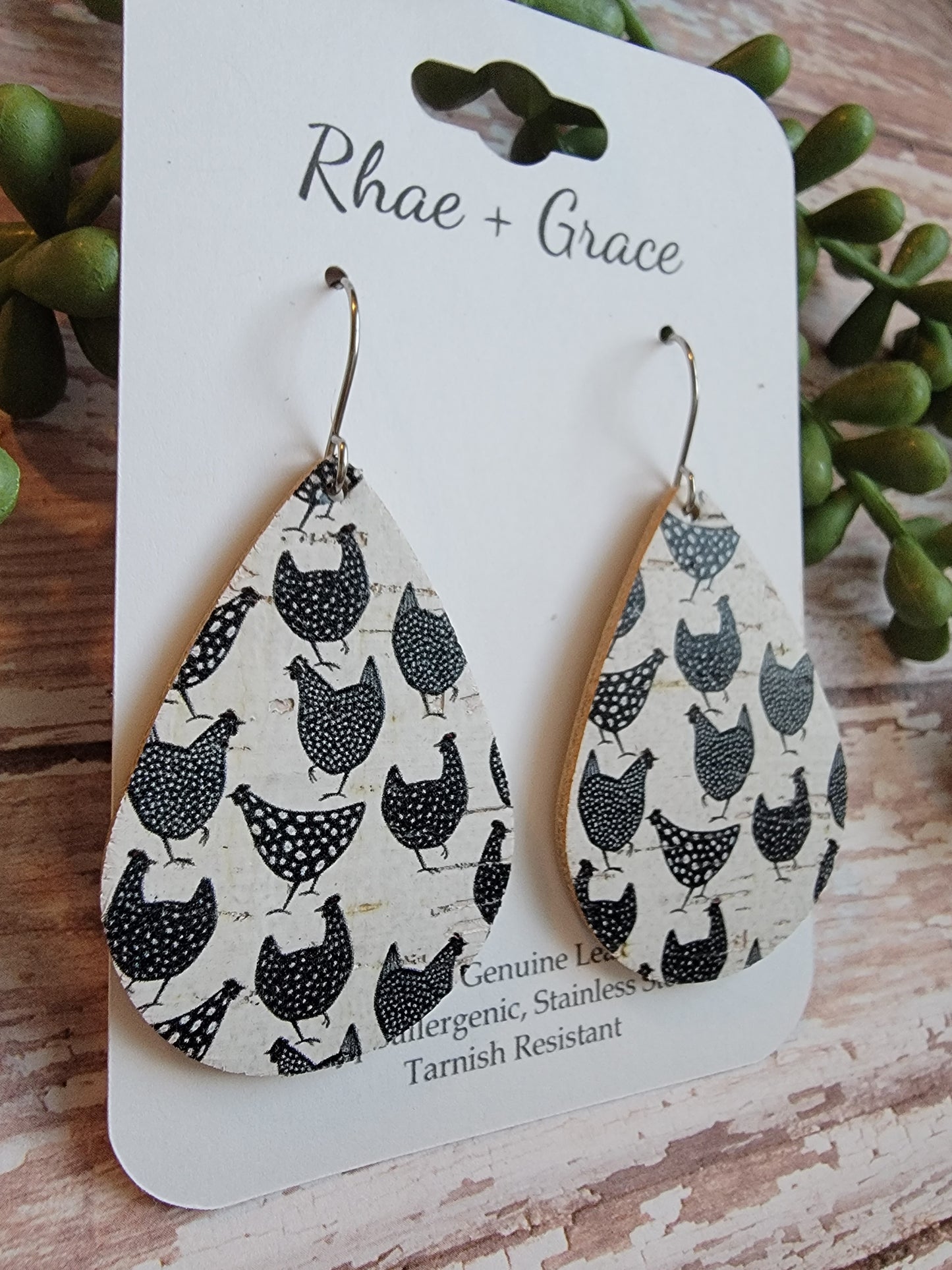 Black & White Chicken Teardrop Earrings - Medium