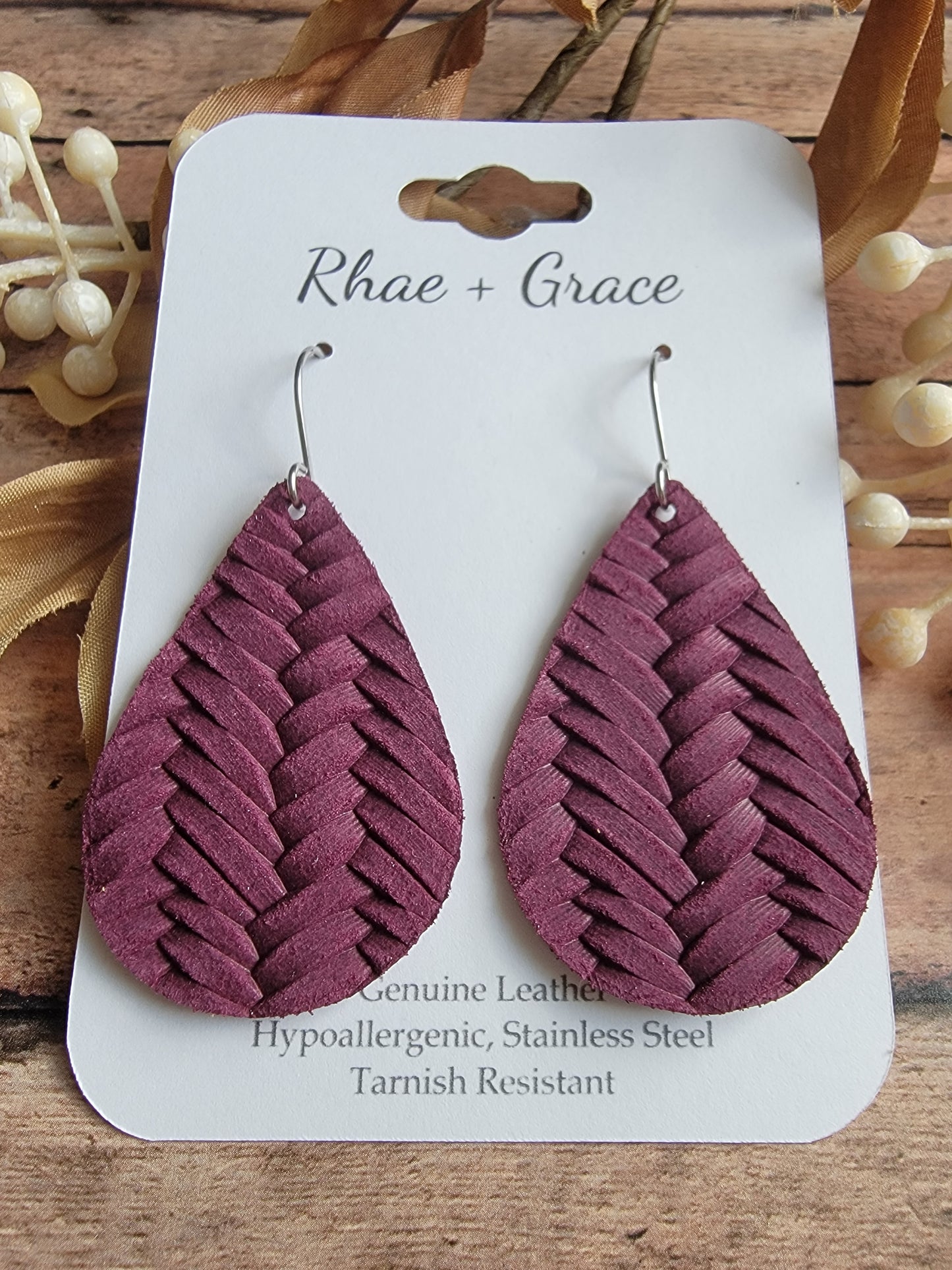 Wine Braided Teardrop Earrings - Medium