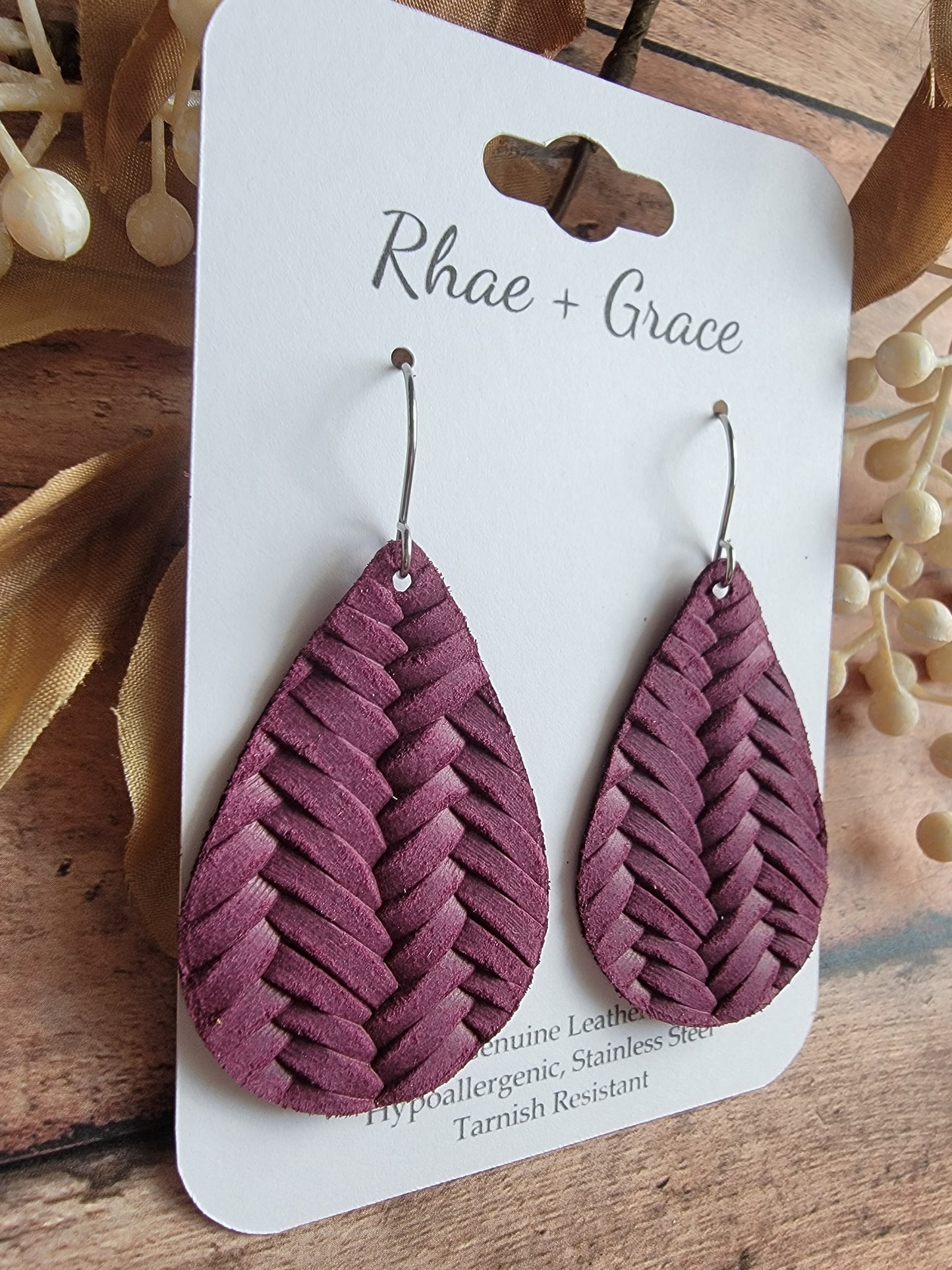 Wine Braided Teardrop Earrings - Medium