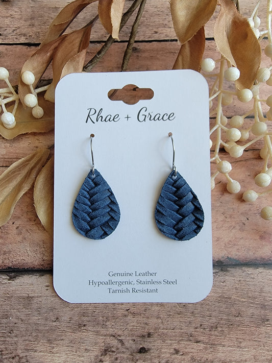 Navy Blue Braided Teardrop Earrings - Small