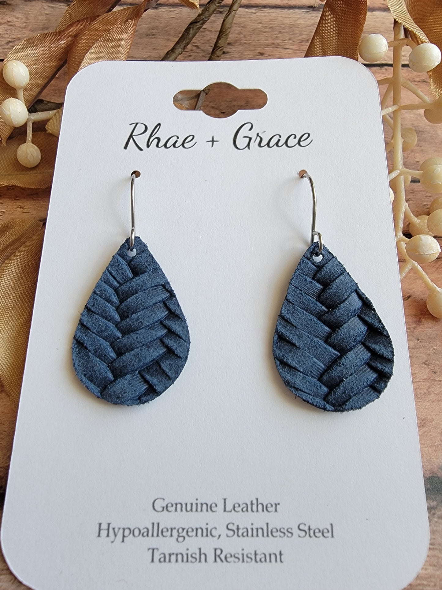 Navy Blue Braided Teardrop Earrings - Small