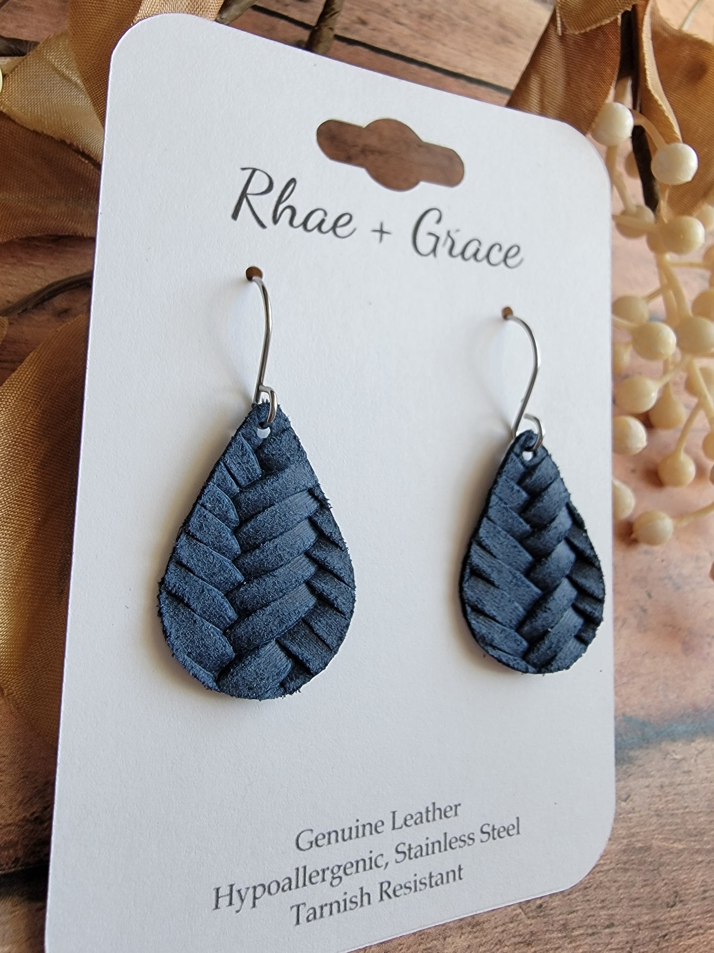 Navy Blue Braided Teardrop Earrings - Small