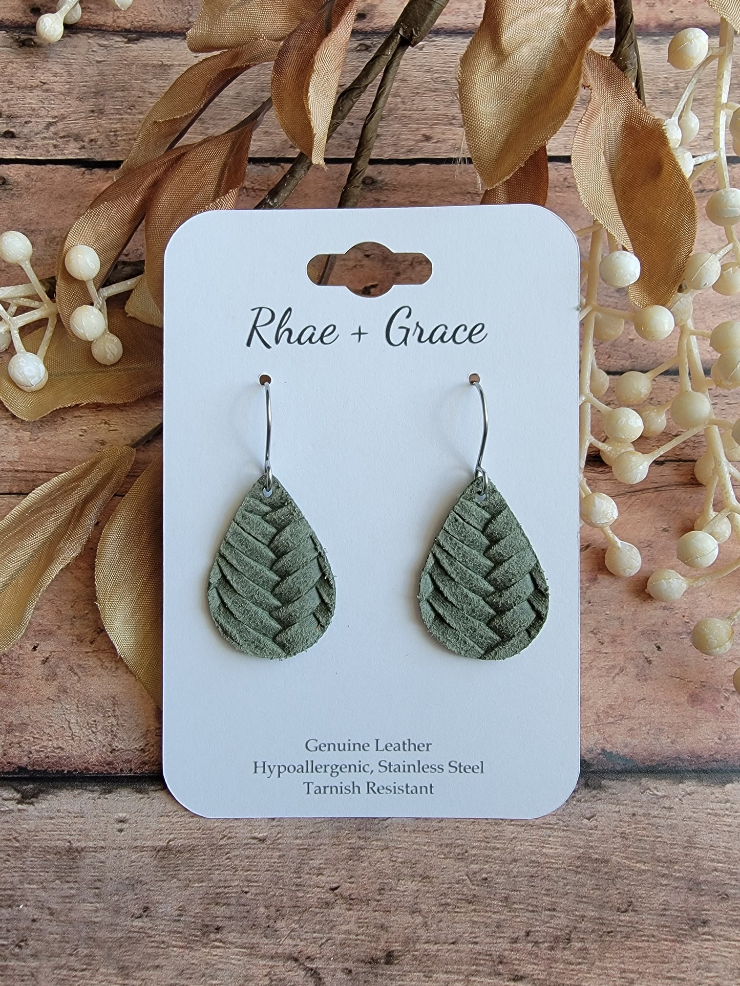 Olive Green Braided Teardrop Earrings - Small