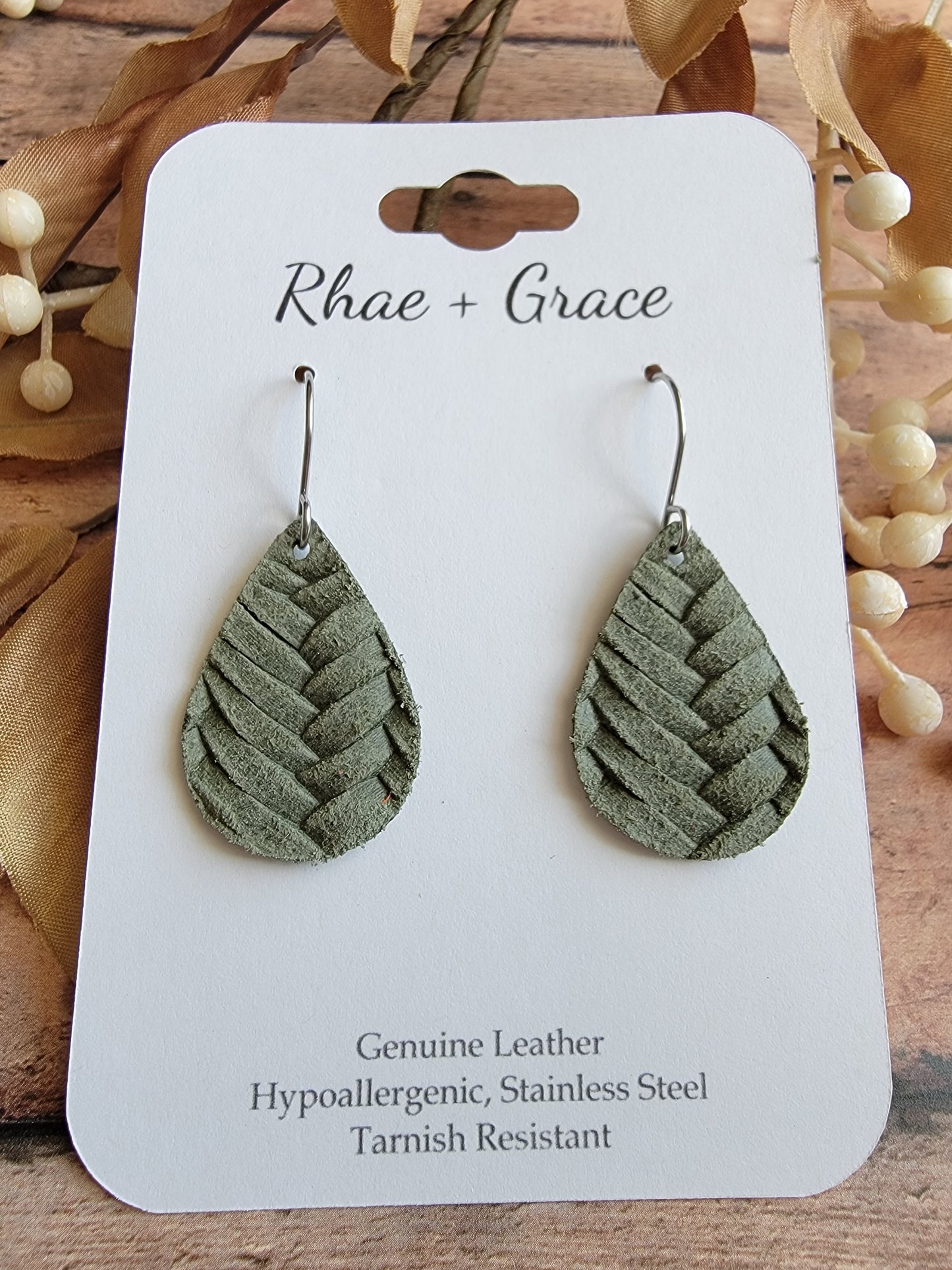 Olive Green Braided Teardrop Earrings - Small