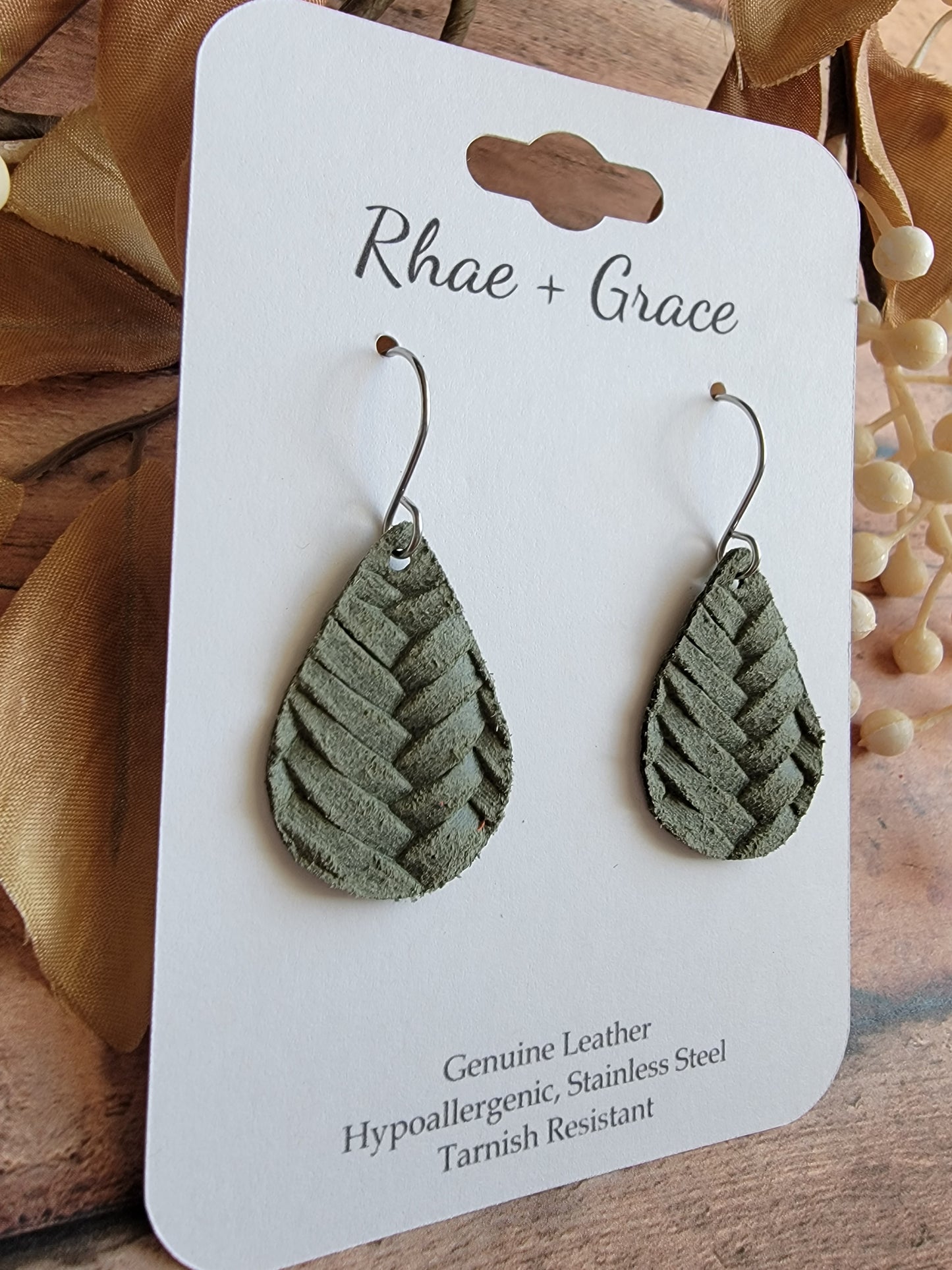 Olive Green Braided Teardrop Earrings - Small