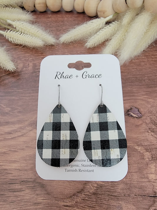 Black & White Buffalo Plaid Teardrop Earrings - Medium