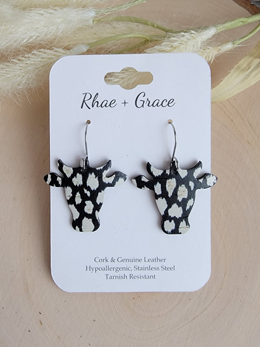 White On Black Cow Head Earrings