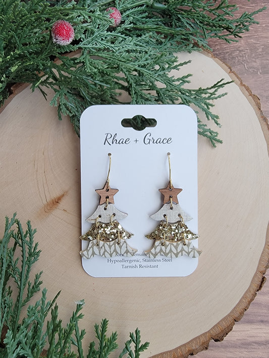 Rustic Neutral and Gold Tiered Christmas Tree Earrings