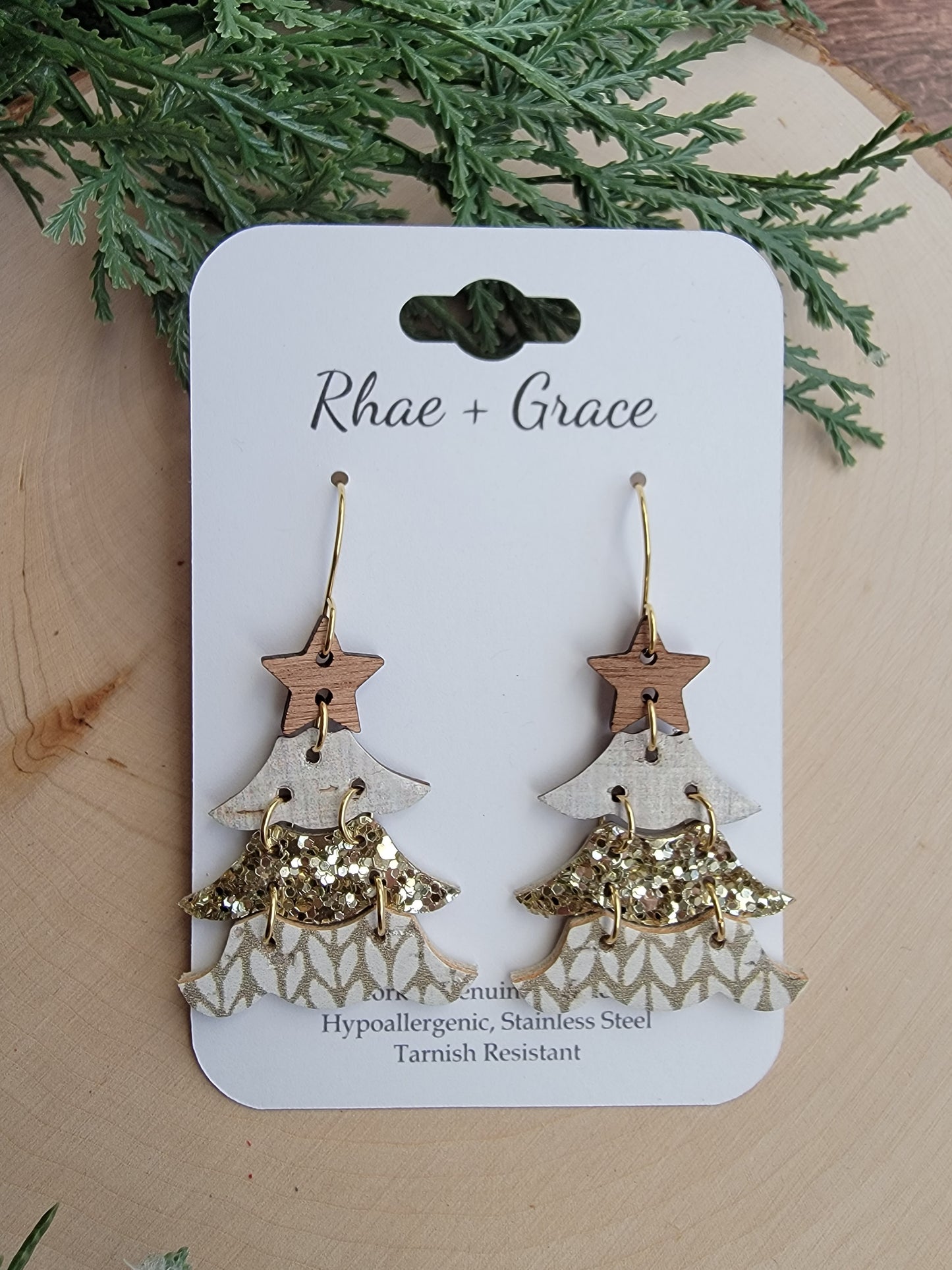 Rustic Neutral and Gold Tiered Christmas Tree Earrings
