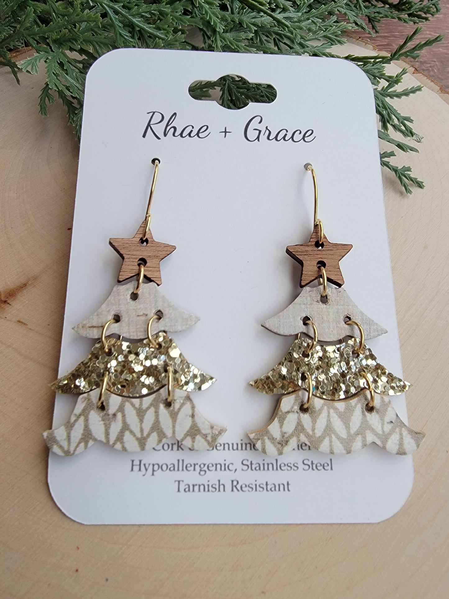 Rustic Neutral and Gold Tiered Christmas Tree Earrings