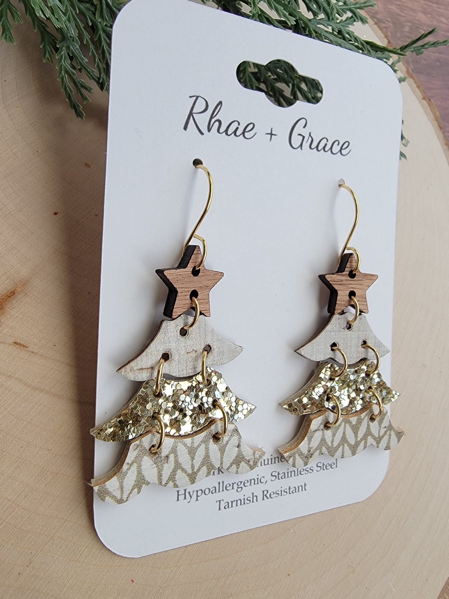 Rustic Neutral and Gold Tiered Christmas Tree Earrings