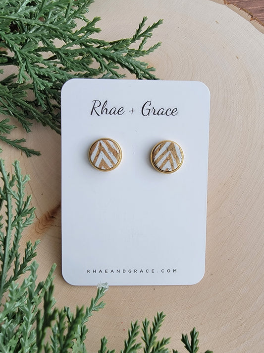 Gold & White Chevron Stud Earrings - 12mm