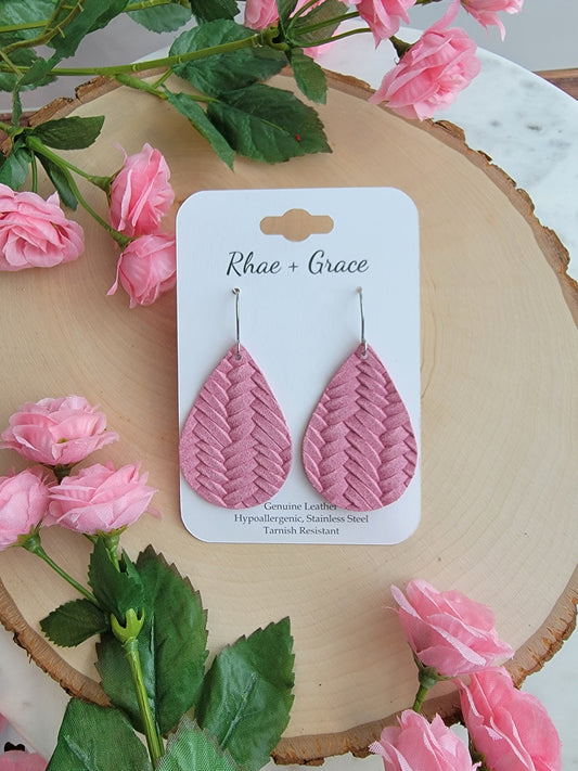 Country Rose Pink Braided Teardrop Earrings - Medium