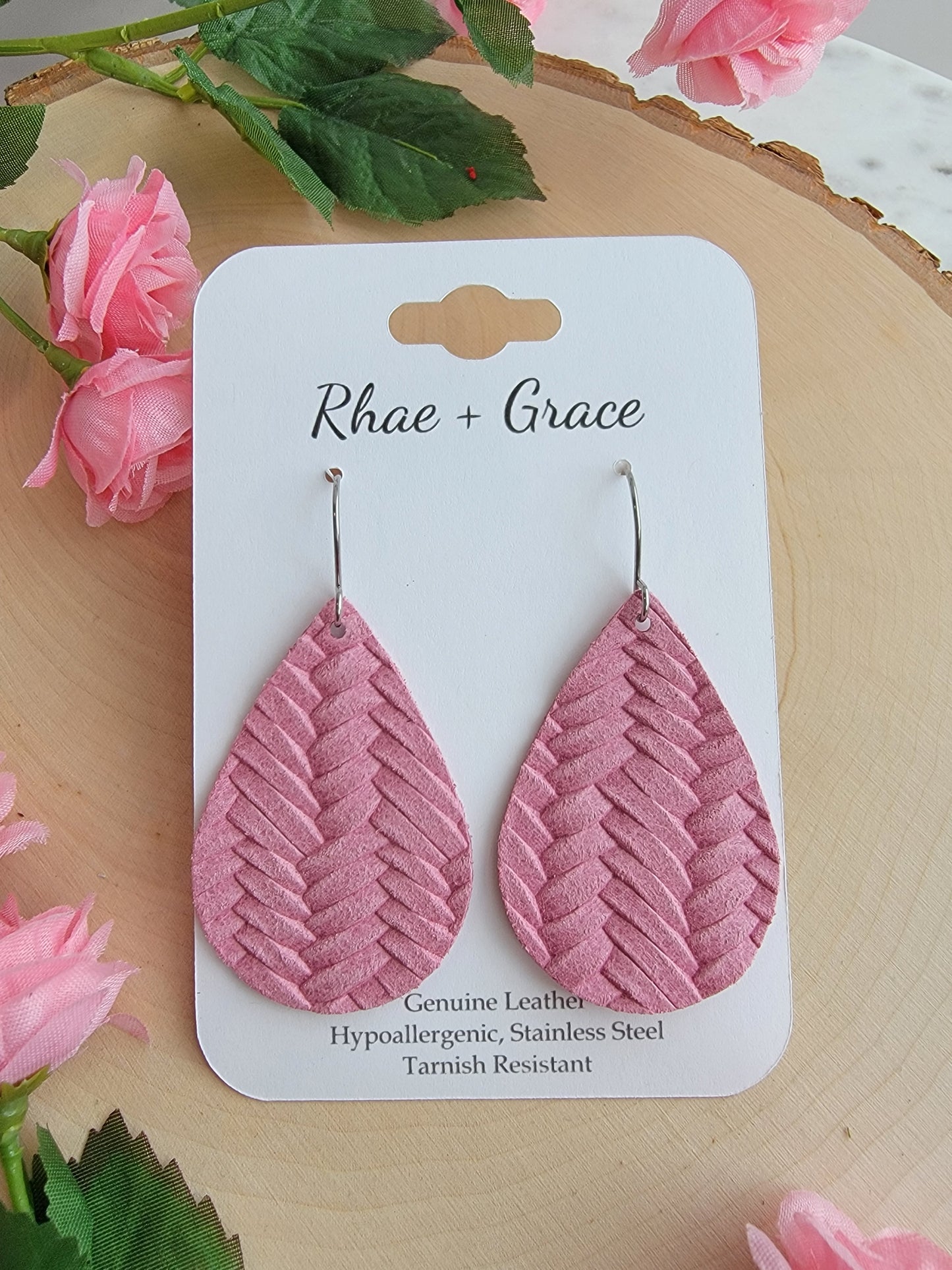 Country Rose Pink Braided Teardrop Earrings - Medium