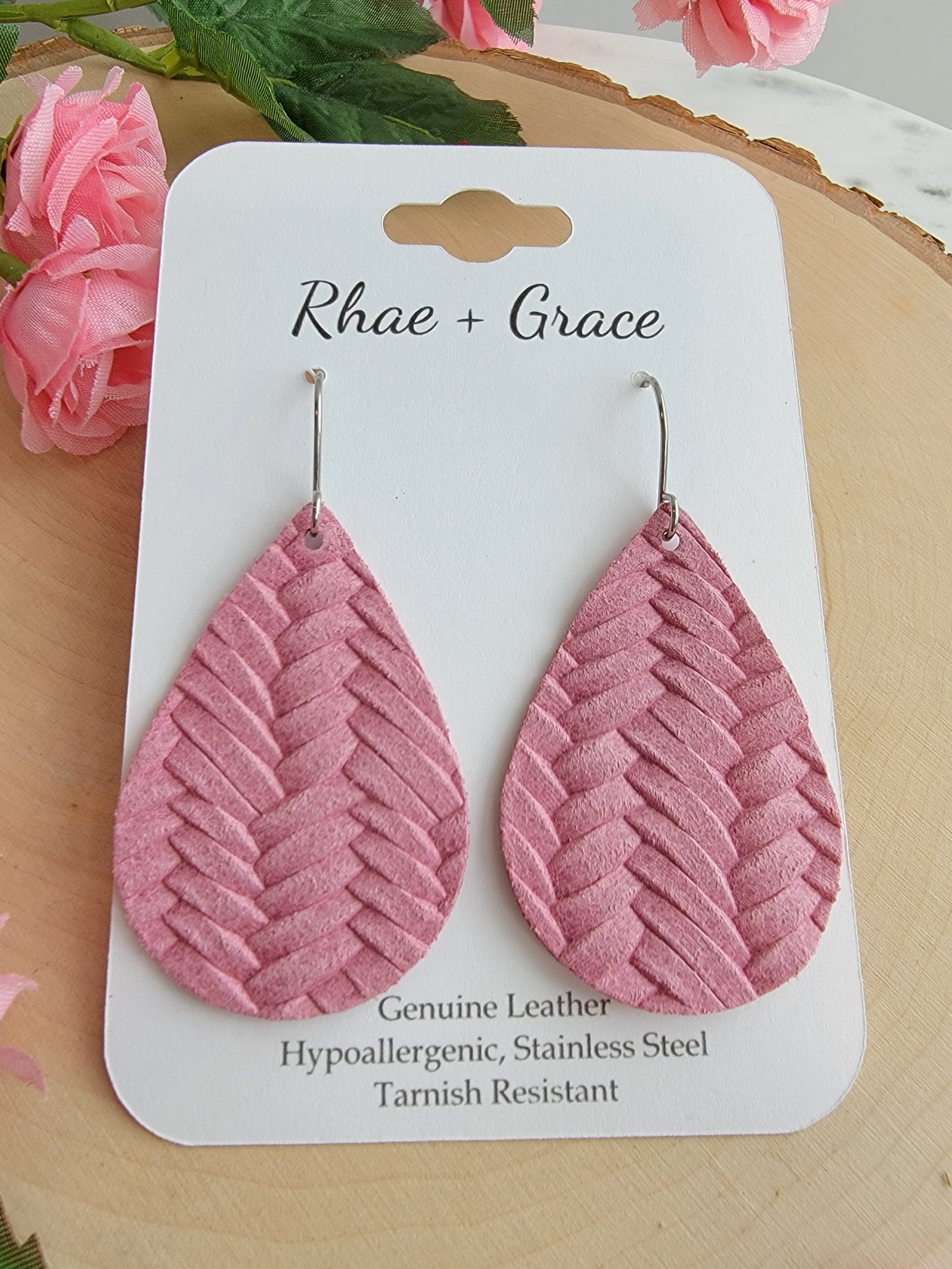 Country Rose Pink Braided Teardrop Earrings - Medium