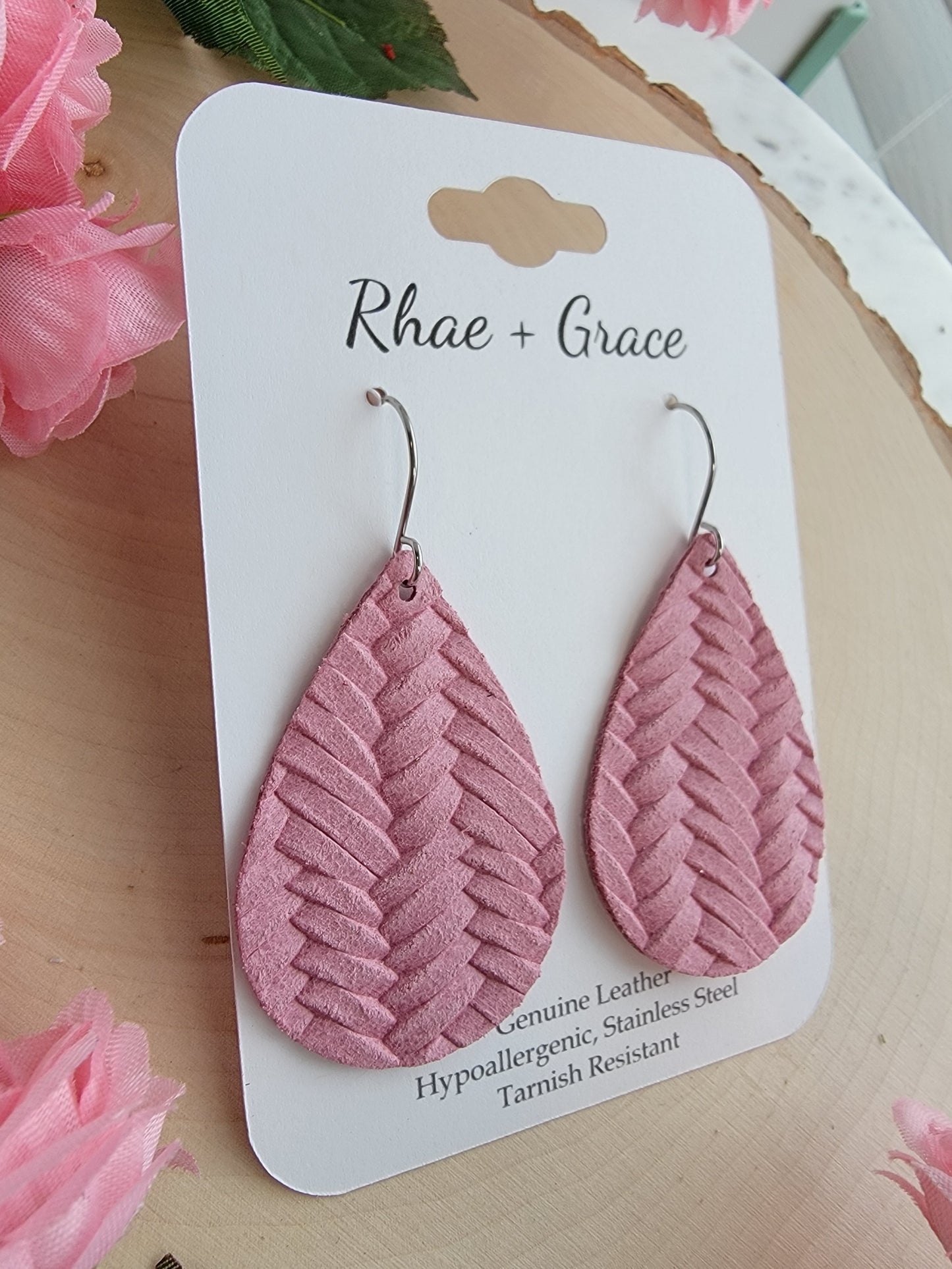 Country Rose Pink Braided Teardrop Earrings - Medium