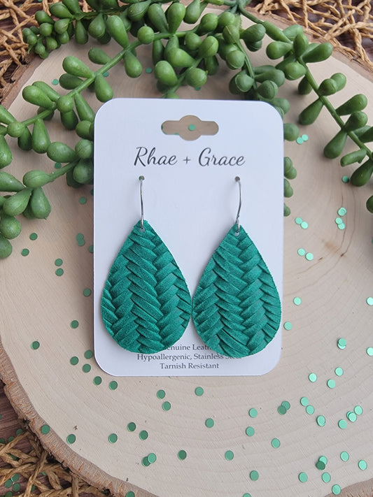 Emerald Green Braided Teardrop Earrings - Medium