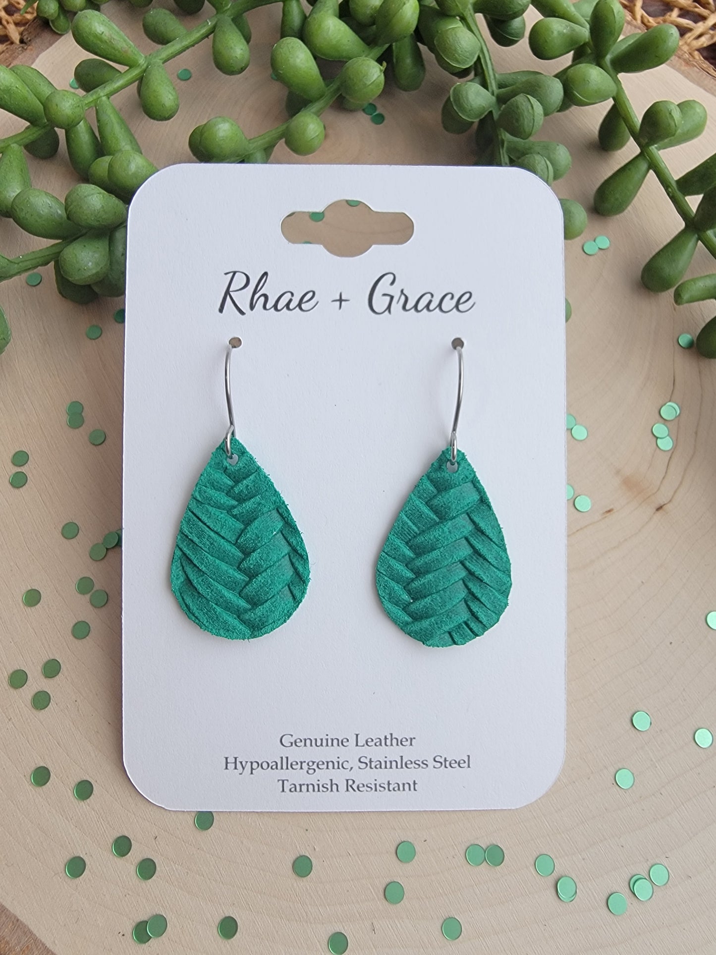 Emerald Green Braided Teardrop Earrings - Small