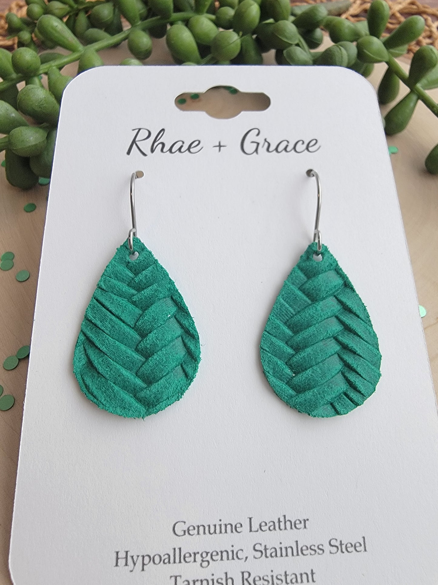 Emerald Green Braided Teardrop Earrings - Small