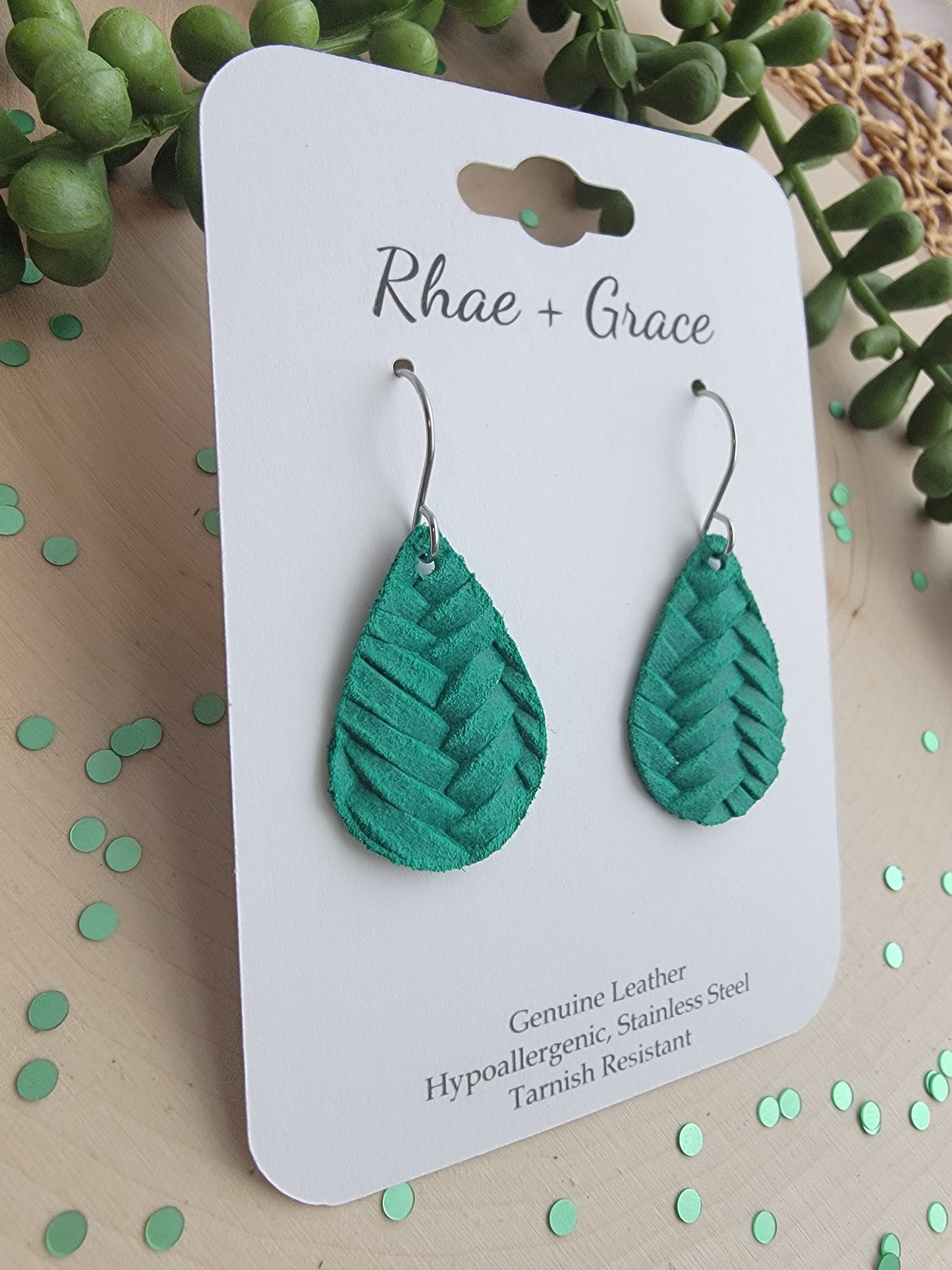 Emerald Green Braided Teardrop Earrings - Small