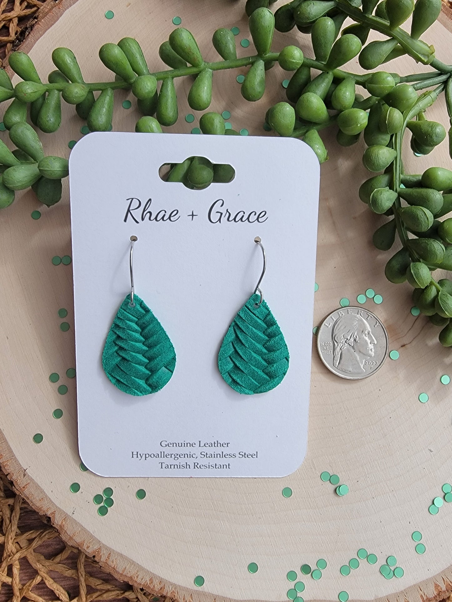 Emerald Green Braided Teardrop Earrings - Small