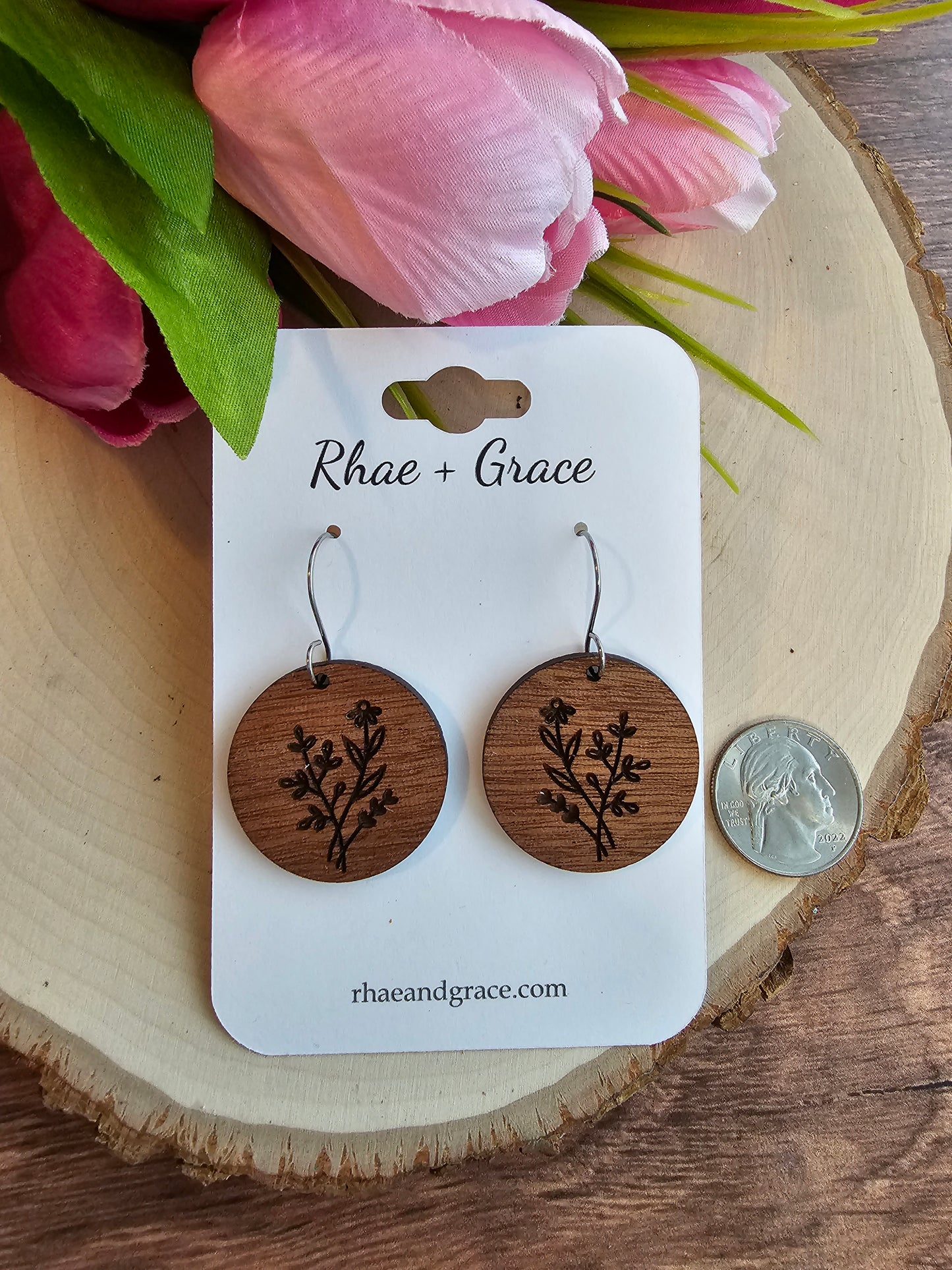 Engraved Floral Round Wood Earrings