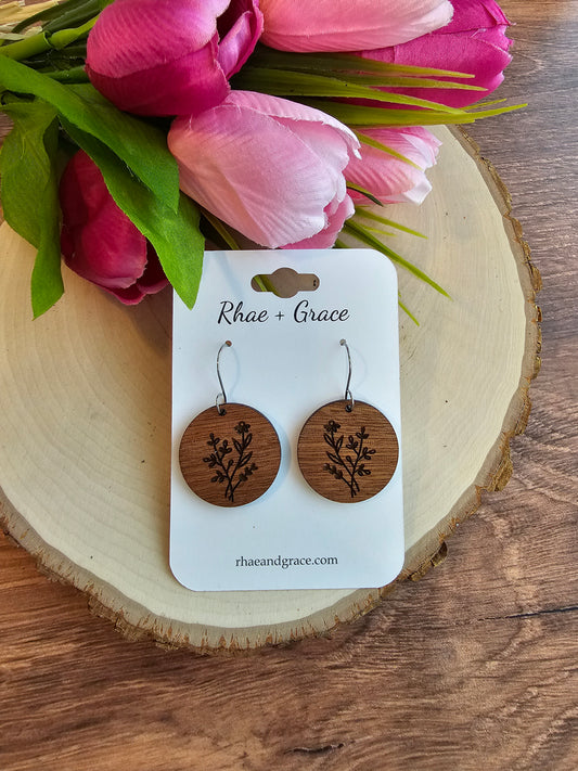 Engraved Floral Round Wood Earrings