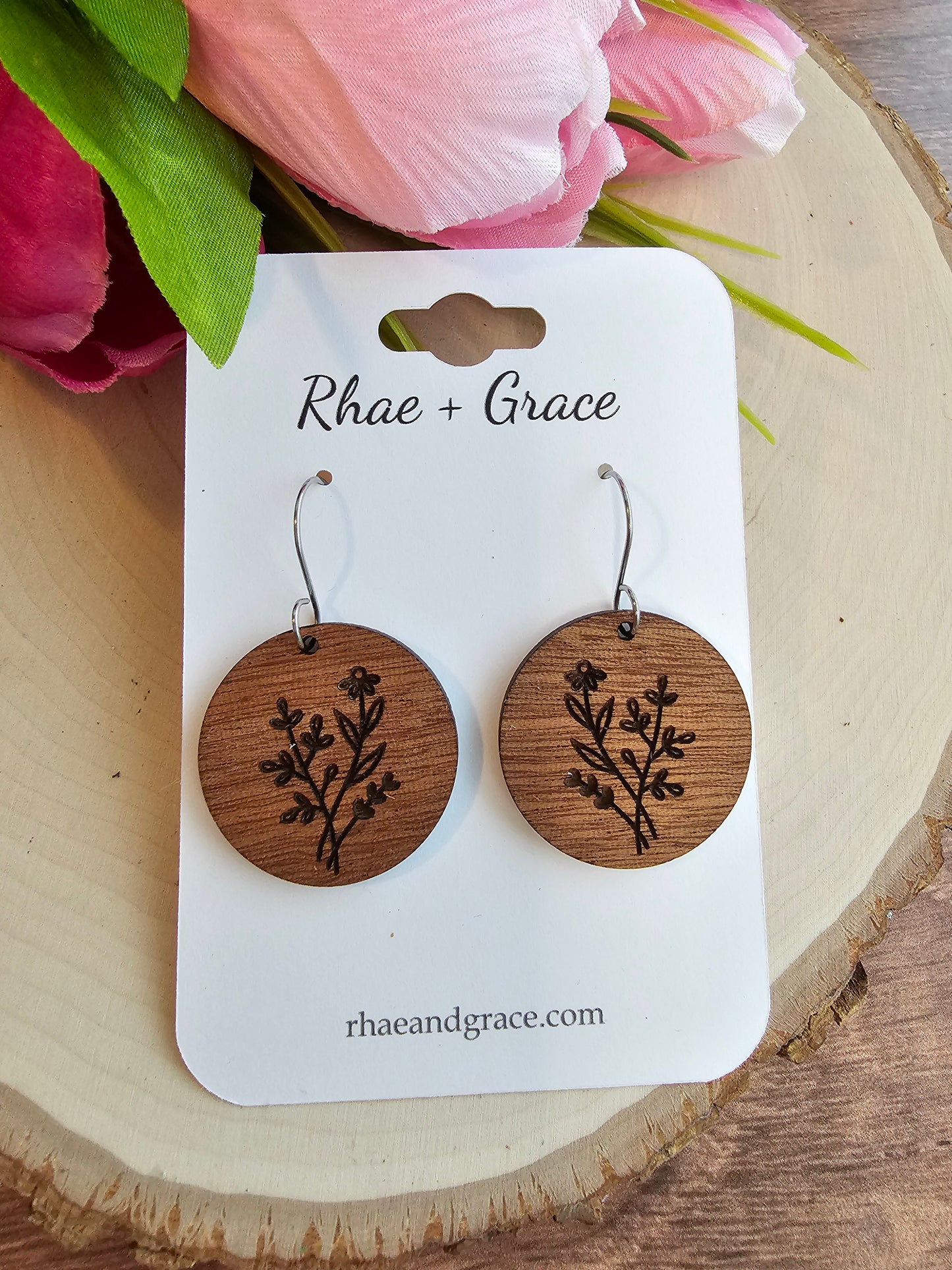 Engraved Floral Round Wood Earrings