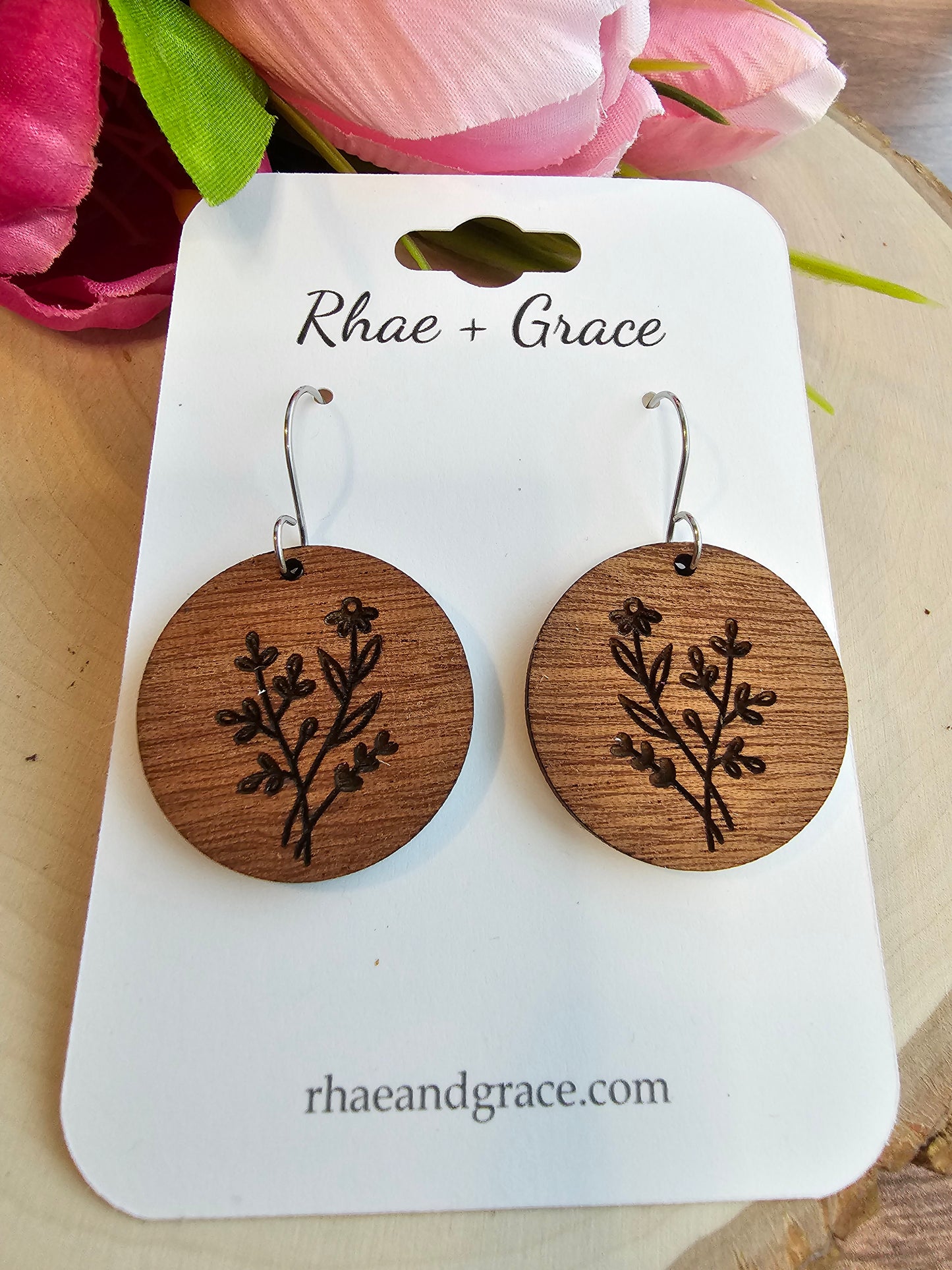 Engraved Floral Round Wood Earrings