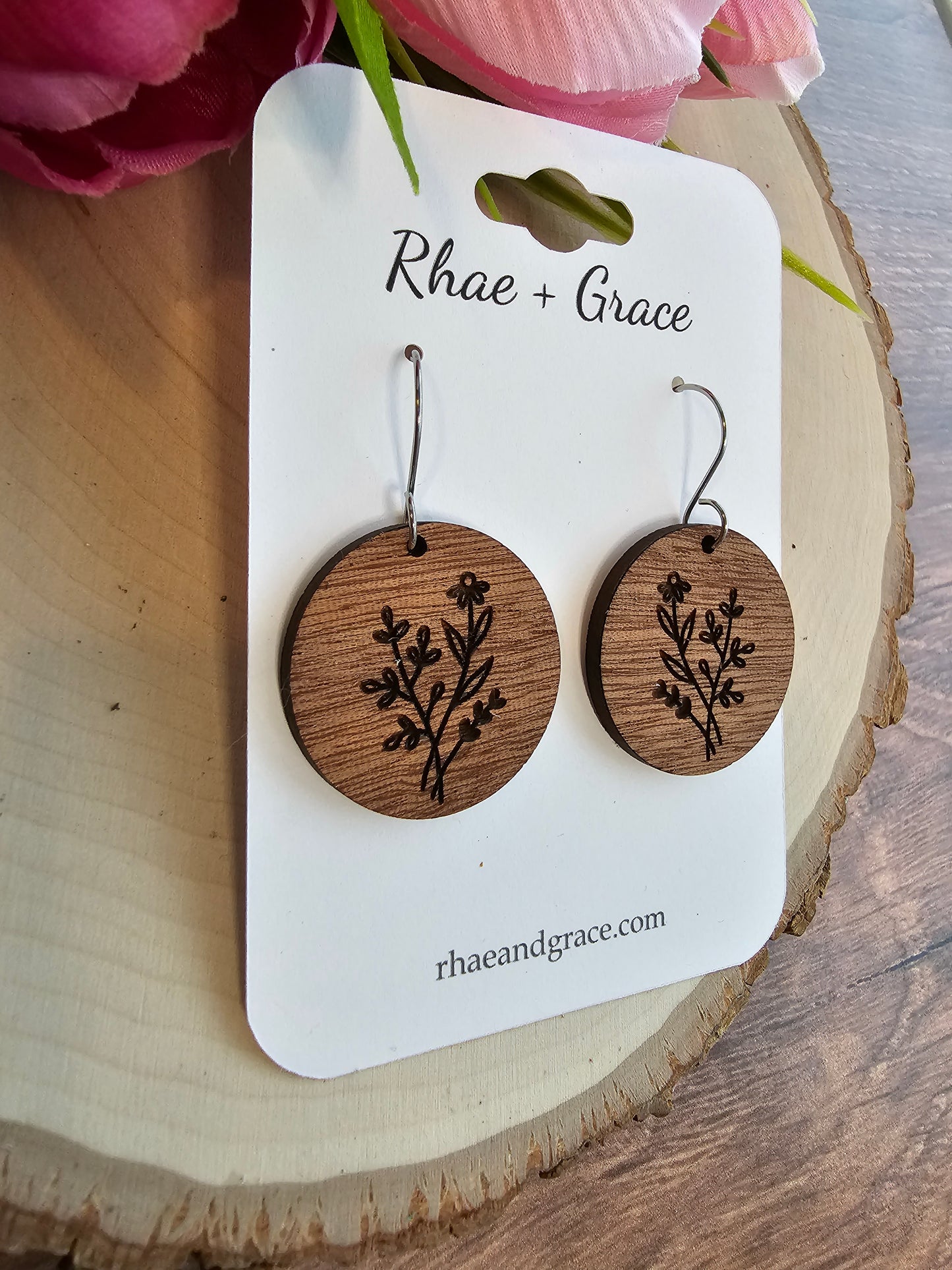 Engraved Floral Round Wood Earrings