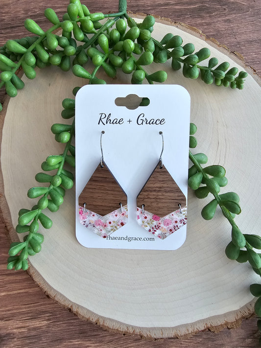 Pink Floral Tiered Wood & Acrylic Earrings