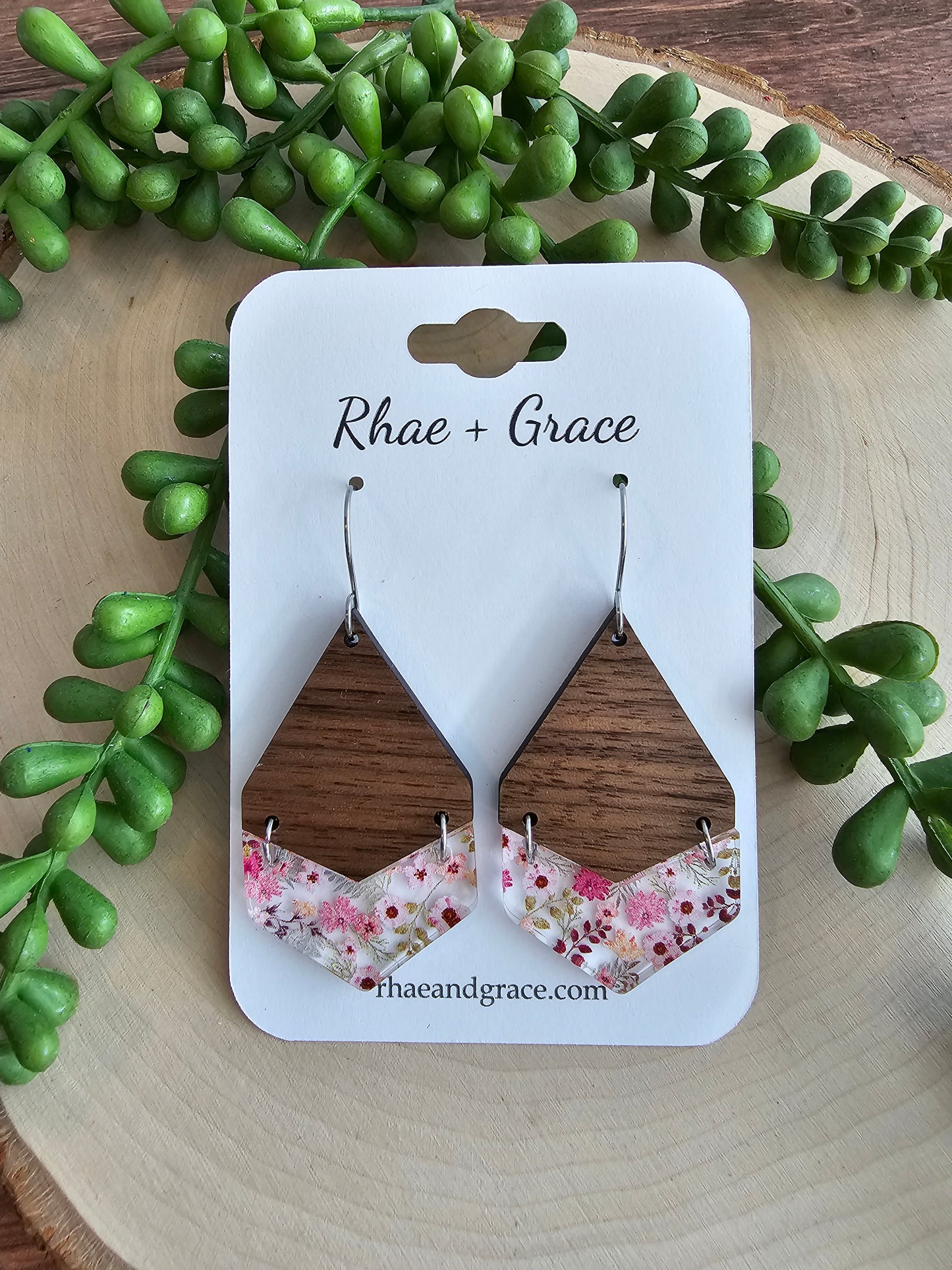 Pink Floral Tiered Wood & Acrylic Earrings