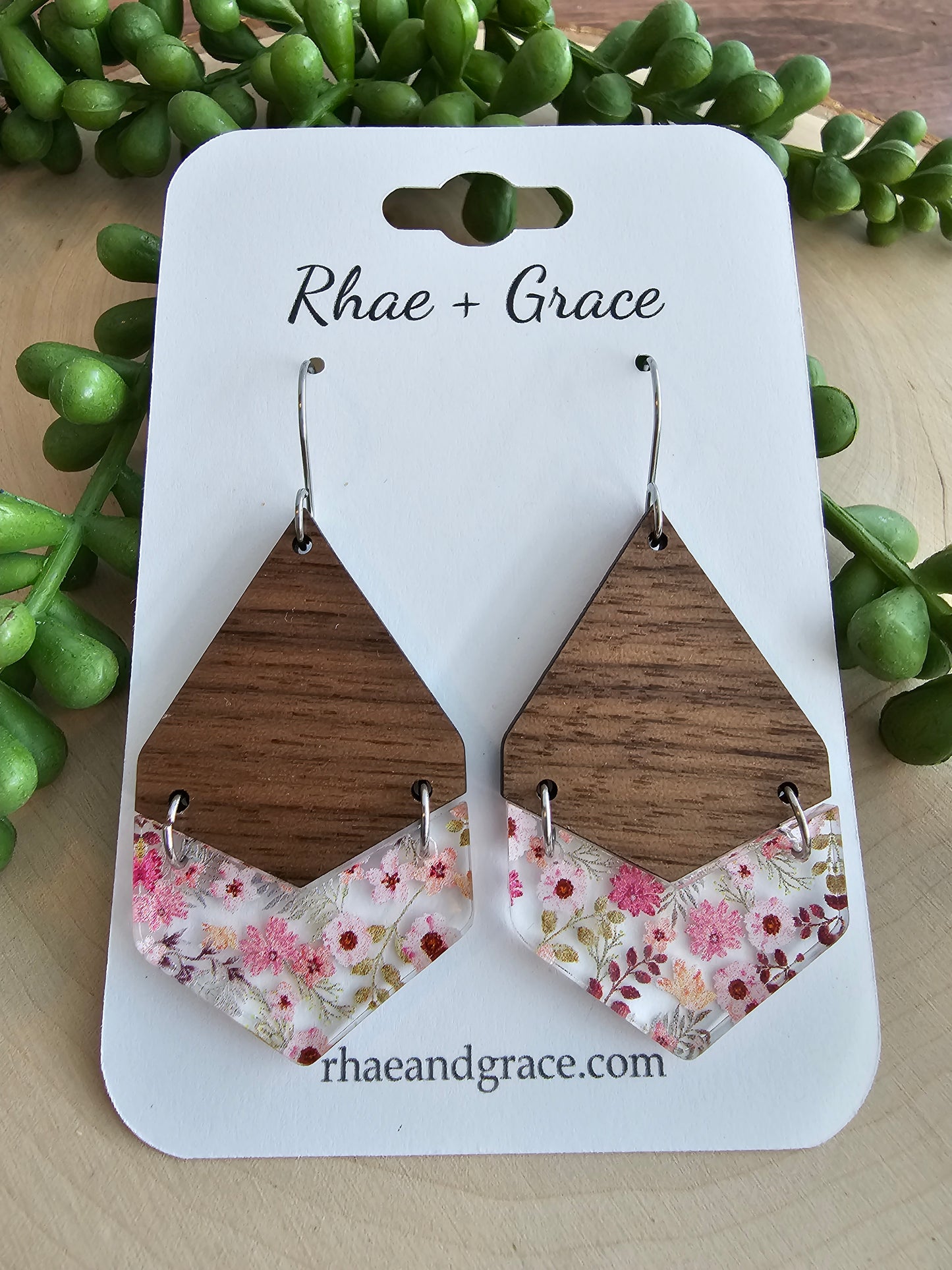 Pink Floral Tiered Wood & Acrylic Earrings