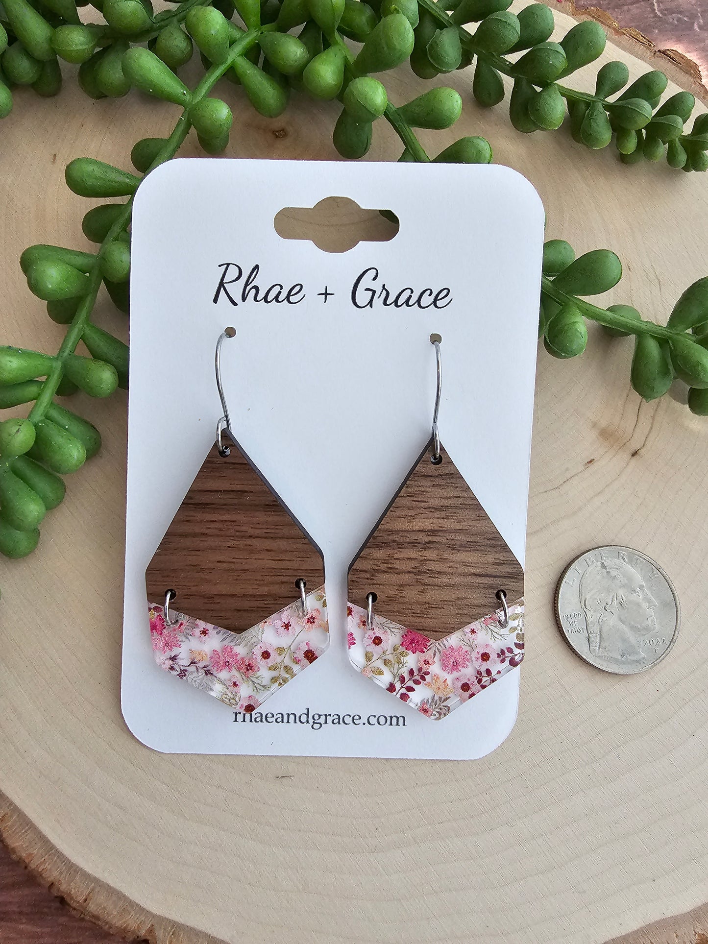 Pink Floral Tiered Wood & Acrylic Earrings