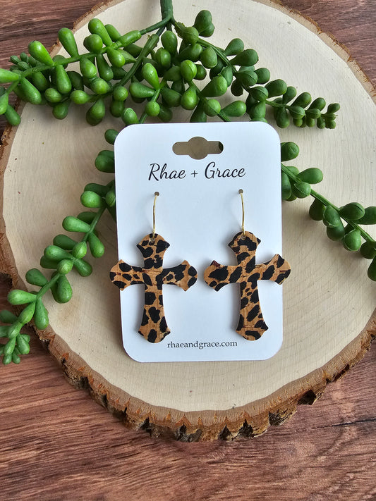 Leopard Print Cross Earrings