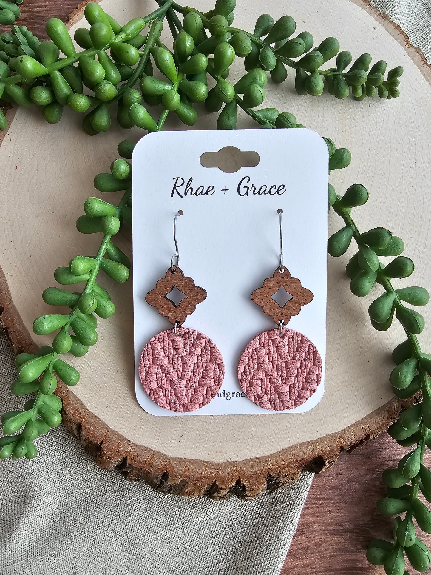 Mauve Pink Knit Circle Drop Earrings