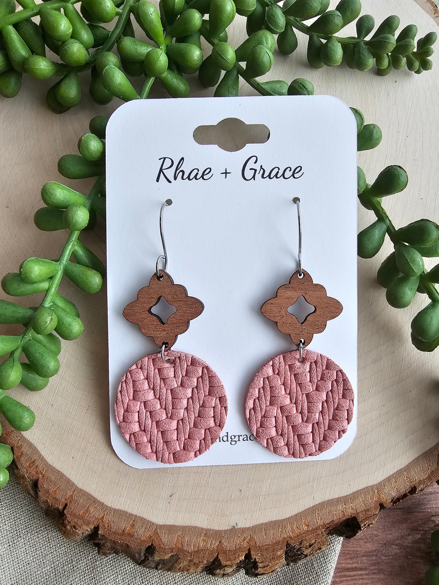 Mauve Pink Knit Circle Drop Earrings